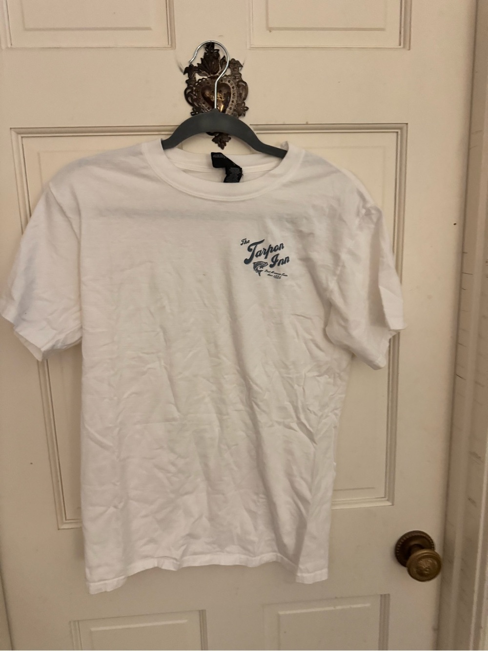 Gildan White Short Sleeve Tee with Small Navy Chest Script